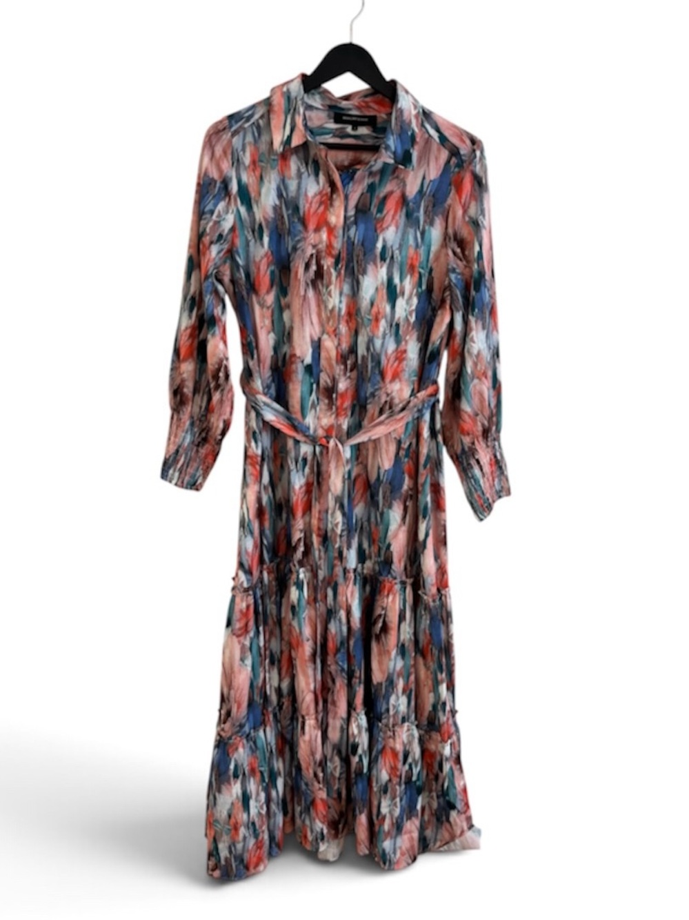 Multicolor Abstract Maxi Shirt Dress with Self-Tie Waist